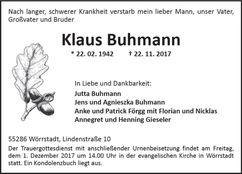  Traueranzeige für Klaus Buhmann vom 25.11.2017 aus Trauerportal Rhein Main Presse