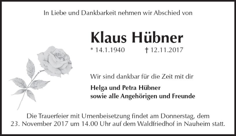  Traueranzeige für Klaus Hübner vom 18.11.2017 aus Trauerportal Rhein Main Presse