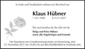 Traueranzeige von Klaus Hübner von Trauerportal Rhein Main Presse