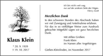 Traueranzeige von Klaus Klein von  Gießener Anzeiger