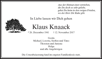 Traueranzeige von Klaus Knaack von  Usinger Anzeiger