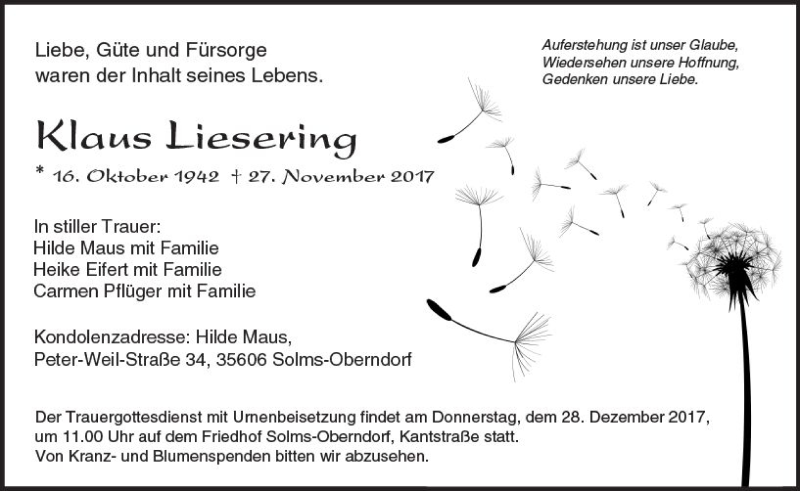  Traueranzeige für Klaus Liesering vom 30.11.2017 aus  Camberger Anzeiger