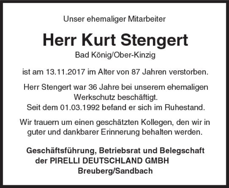  Traueranzeige für Kurt Stengert vom 24.11.2017 aus Trauerportal Echo Online