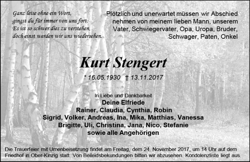  Traueranzeige für Kurt Stengert vom 22.11.2017 aus Trauerportal Echo Online