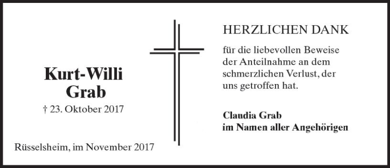  Traueranzeige für Kurt-Willi Grab vom 11.11.2017 aus Trauerportal Rhein Main Presse