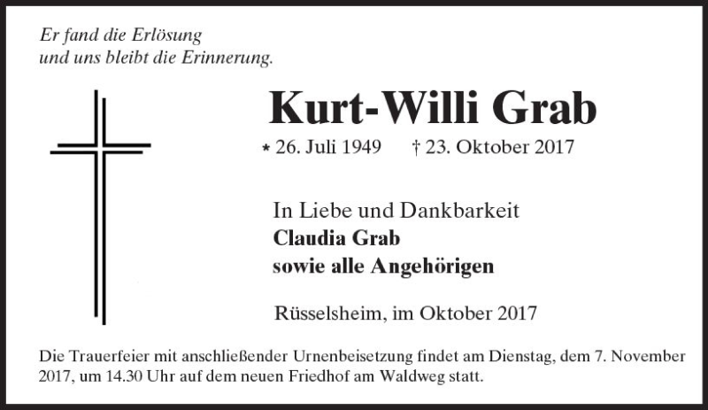  Traueranzeige für Kurt-Willi Grab vom 04.11.2017 aus Trauerportal Rhein Main Presse