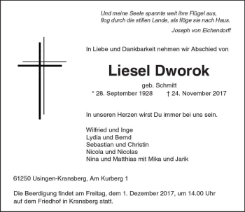 Traueranzeige von Liesel Dworok von  Usinger Anzeiger