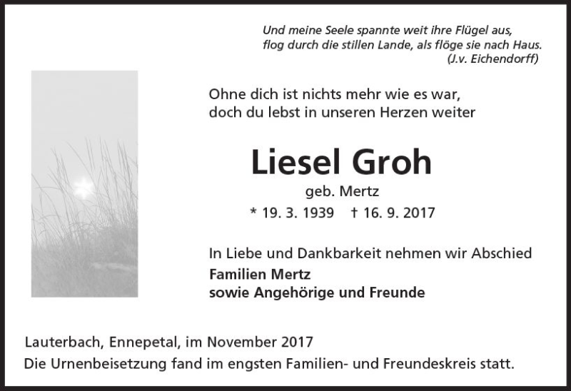  Traueranzeige für Liesel Groh vom 23.11.2017 aus VRM Trauer