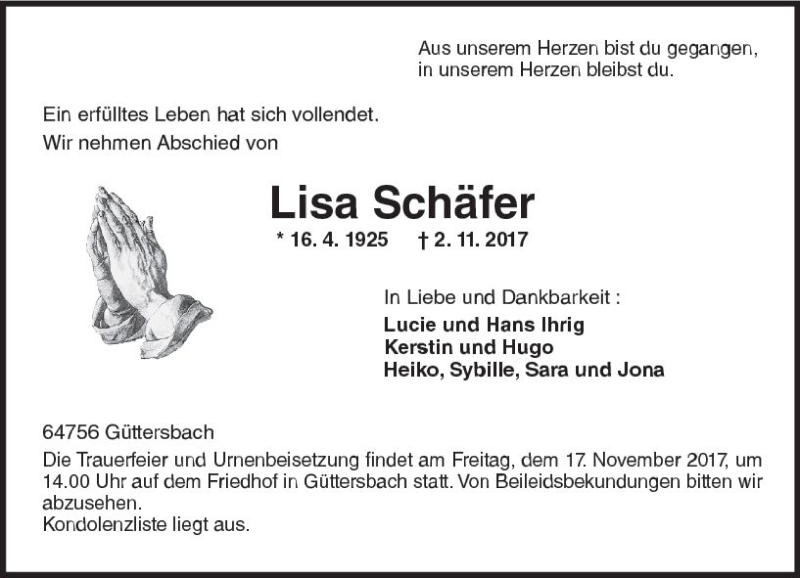  Traueranzeige für Lisa Schäfer vom 11.11.2017 aus Trauerportal Echo Online