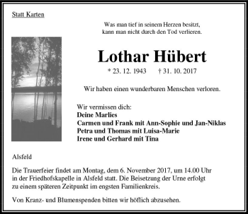 Traueranzeige von Lothar Hübert von VRM Trauer