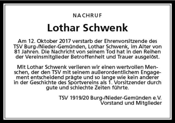 Traueranzeige von Lothar Schwenk von VRM Trauer
