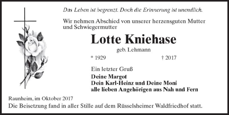  Traueranzeige für Lotte Kniehase vom 10.11.2017 aus Trauerportal Rhein Main Presse