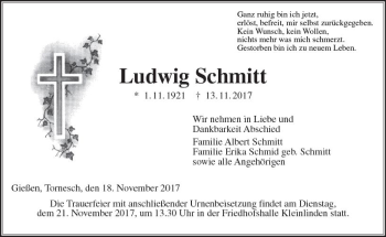 Traueranzeige von Ludwig Schmitt von  Gießener Anzeiger