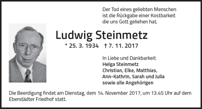  Traueranzeige für Ludwig Steinmetz vom 11.11.2017 aus Trauerportal Echo Online