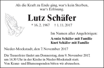 Traueranzeige von Lutz Schäfer von  Kreisanzeiger