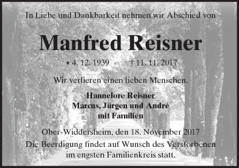  Traueranzeige für Manfred Reisner vom 18.11.2017 aus  Kreisanzeiger