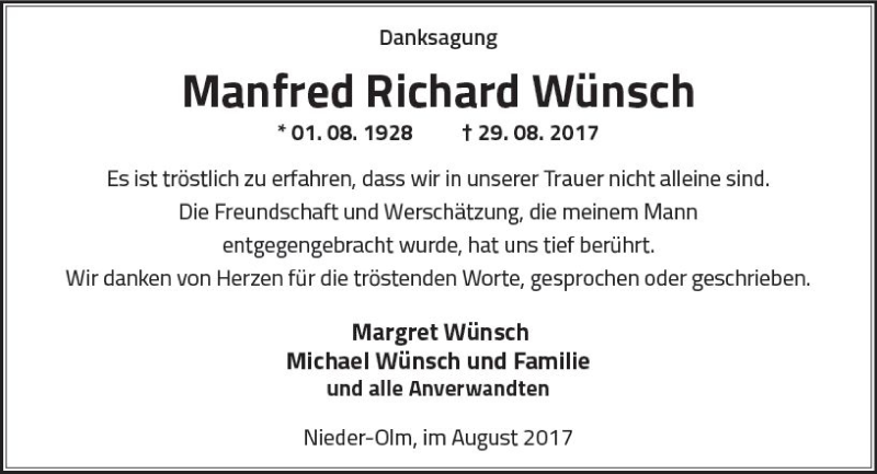  Traueranzeige für Manfred Richard Wünsch vom 04.11.2017 aus Trauerportal Rhein Main Presse