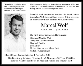 Traueranzeige von Marcel Wolf von  Kreisanzeiger