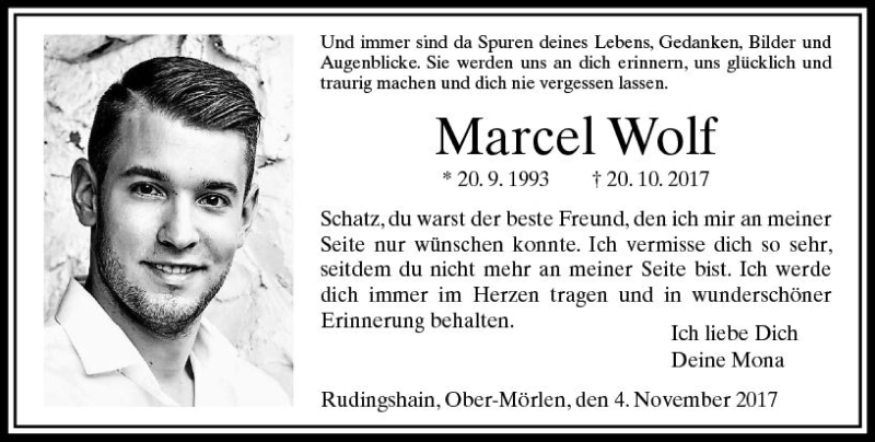  Traueranzeige für Marcel Wolf vom 04.11.2017 aus  Kreisanzeiger