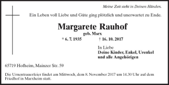 Traueranzeige von Margarete Rauhof von Trauerportal Rhein Main Presse