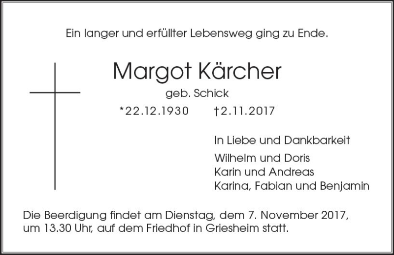  Traueranzeige für Margot Kärcher vom 04.11.2017 aus Trauerportal Echo Online