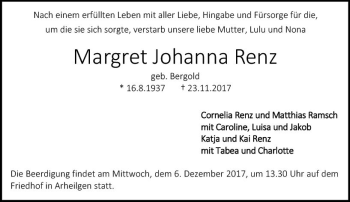 Traueranzeige von Margret Johanna Renz von Trauerportal Echo Online