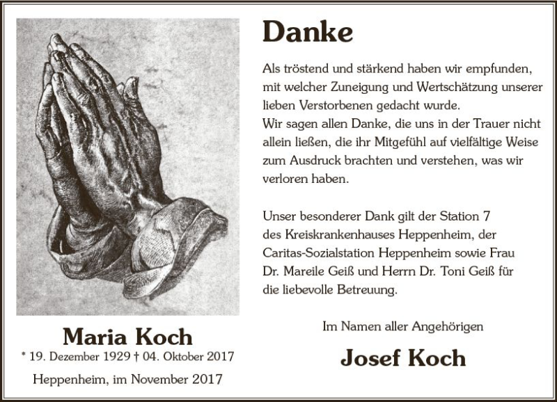  Traueranzeige für Maria Koch vom 04.11.2017 aus Trauerportal Echo Online