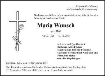 Traueranzeige von Maria Wunsch von  Kreisanzeiger
