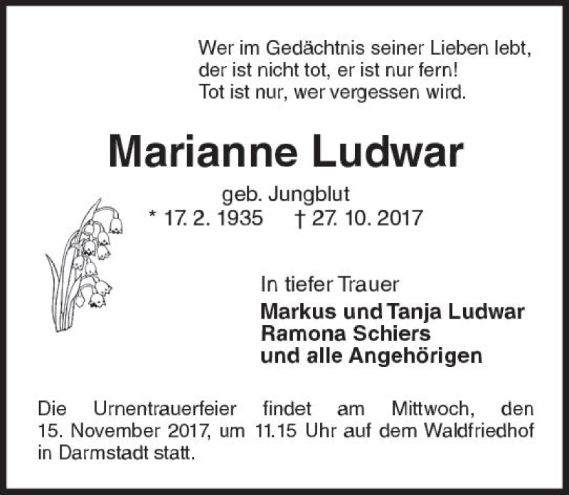  Traueranzeige für Marianne Ludwar vom 11.11.2017 aus Trauerportal Echo Online