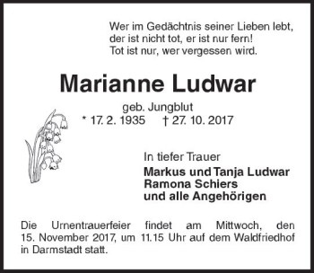 Traueranzeige von Marianne Ludwar von Trauerportal Echo Online