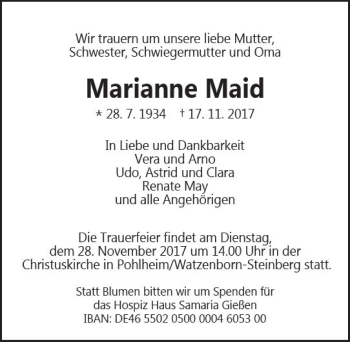 Traueranzeige von Marianne Maid von  Gießener Anzeiger