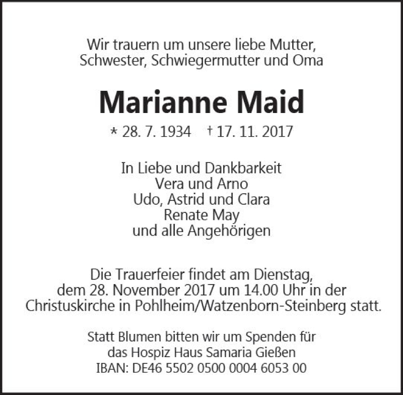  Traueranzeige für Marianne Maid vom 23.11.2017 aus  Gießener Anzeiger