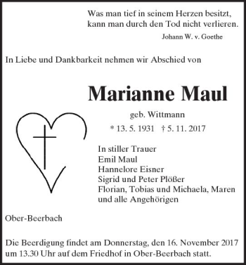 Traueranzeige von Marianne Maul von Trauerportal Echo Online