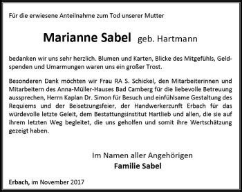 Traueranzeige von Marianne Sabel von  Camberger Anzeiger