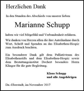 Traueranzeige von Marianne Schupp von Trauerportal Echo Online