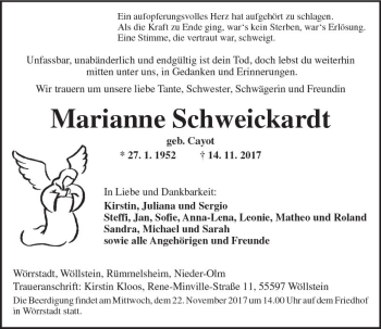 Traueranzeige von Marianne Schweickardt von Trauerportal Rhein Main Presse