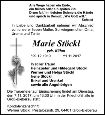 Traueranzeige von Marie Stöckl von Trauerportal Echo Online
