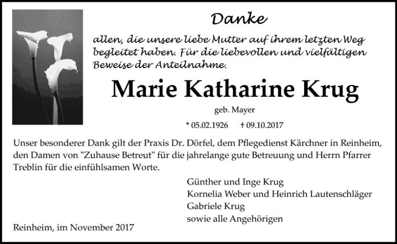  Traueranzeige für Marie Katharine Krug vom 04.11.2017 aus Trauerportal Echo Online