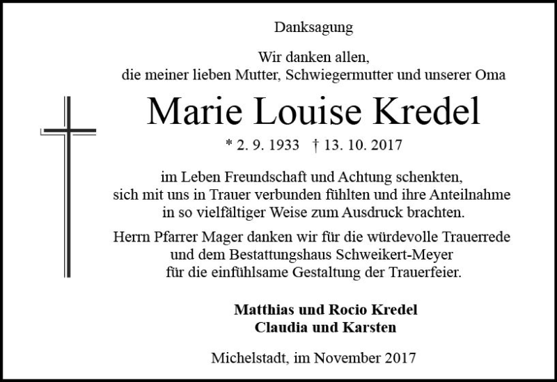  Traueranzeige für Marie Louise Kredel vom 04.11.2017 aus Trauerportal Echo Online