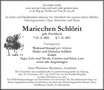 Traueranzeige von Mariechen Schlörit von Trauerportal Rhein Main Presse