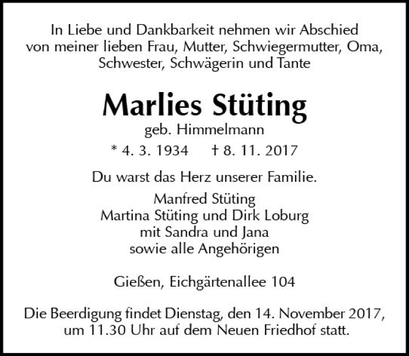  Traueranzeige für Marlies Stüting vom 11.11.2017 aus  Gießener Anzeiger