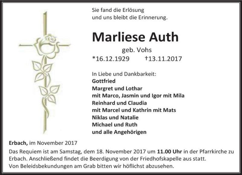  Traueranzeige für Marliese Auth vom 16.11.2017 aus  Camberger Anzeiger