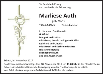Traueranzeige von Marliese Auth von  Camberger Anzeiger