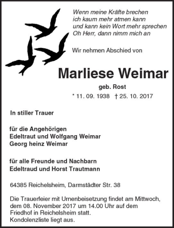 Traueranzeige von Marliese Weimar von Trauerportal Echo Online