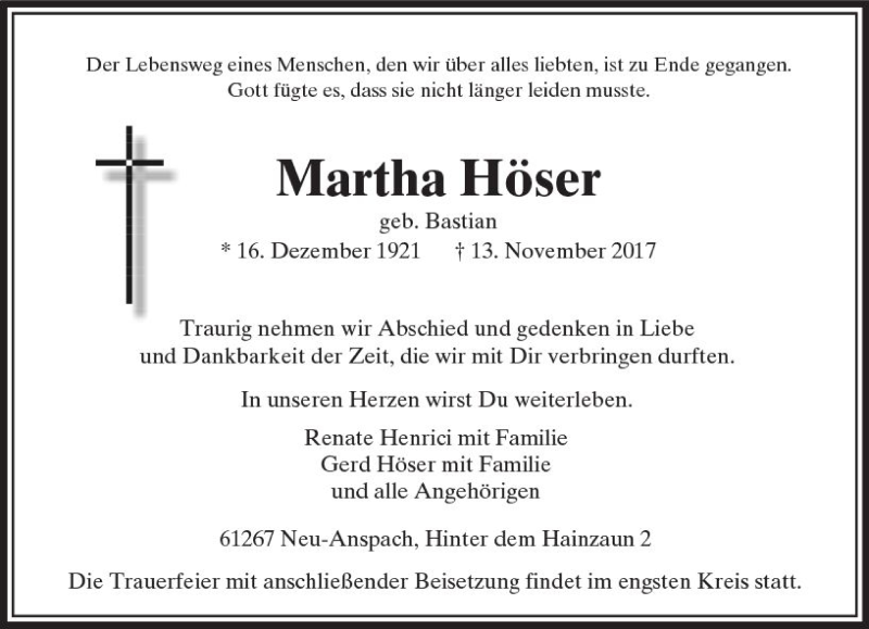  Traueranzeige für Martha Höser vom 18.11.2017 aus  Usinger Anzeiger
