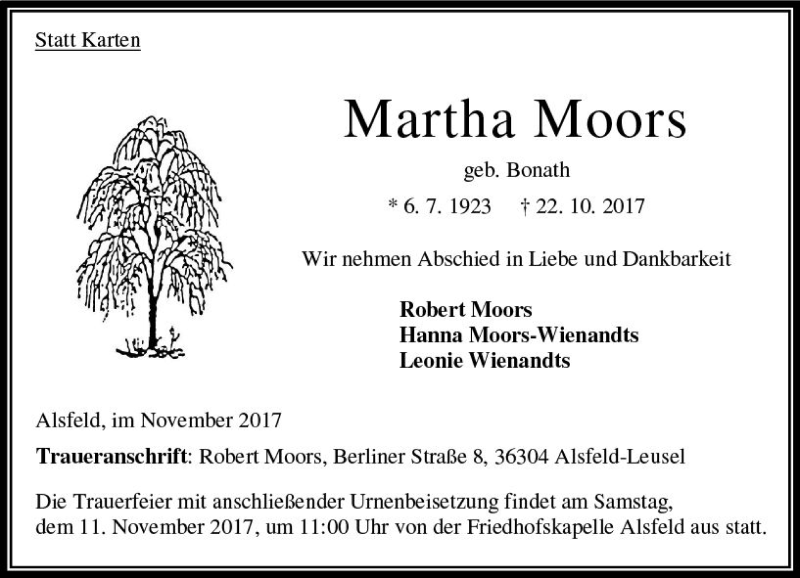  Traueranzeige für Martha Moors vom 04.11.2017 aus VRM Trauer