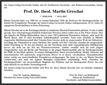 Traueranzeige von Martin Greschat von  Gießener Anzeiger