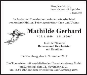 Traueranzeige von Mathilde Gerhard von  Camberger Anzeiger