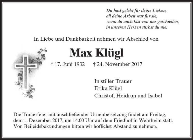  Traueranzeige für Max Klügl vom 28.11.2017 aus  Usinger Anzeiger