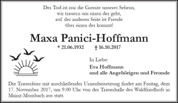 Traueranzeige von Maxa Panici-Hoffmann von Trauerportal Rhein Main Presse
